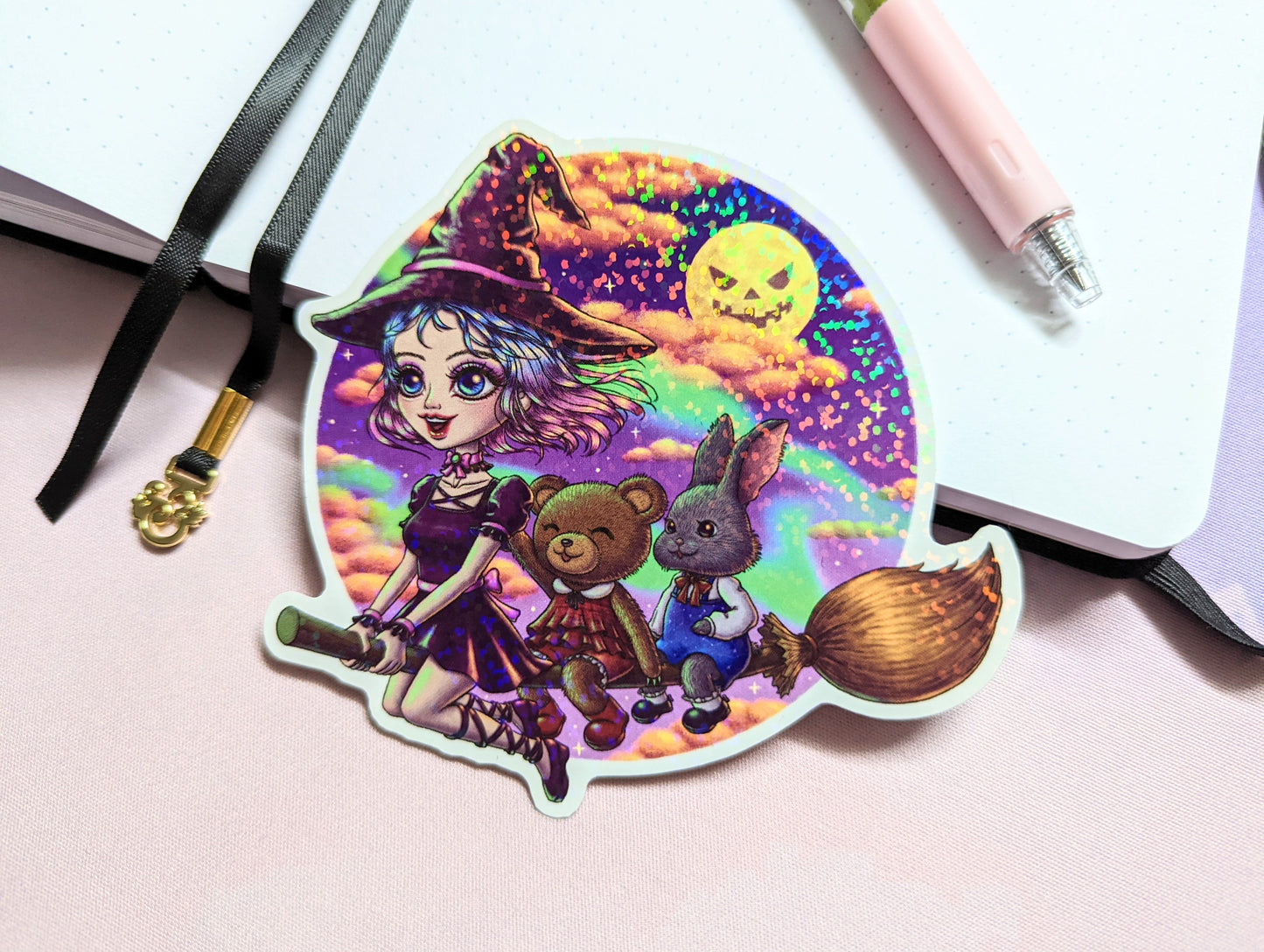 Witch and Little Friends Holographic Vinyl Sticker